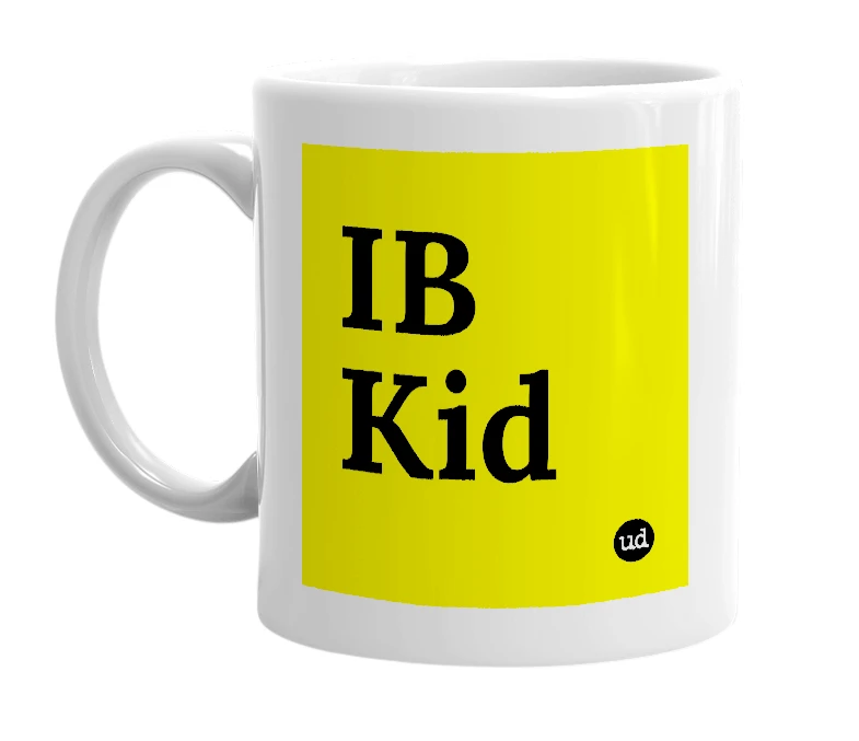 White mug with 'IB Kid' in bold black letters