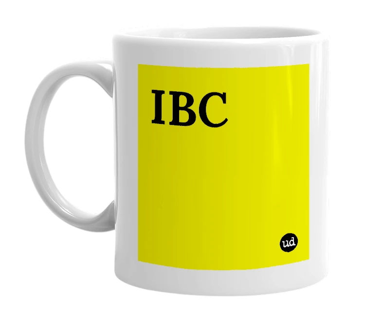 White mug with 'IBC' in bold black letters