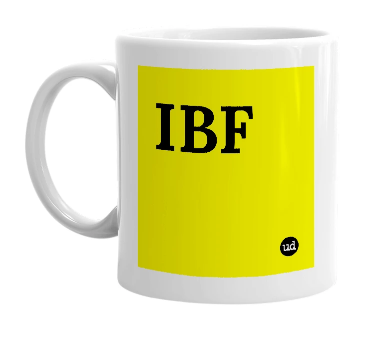 White mug with 'IBF' in bold black letters