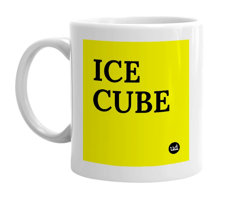 White mug with 'ICE CUBE' in bold black letters