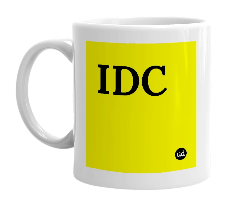 White mug with 'IDC' in bold black letters