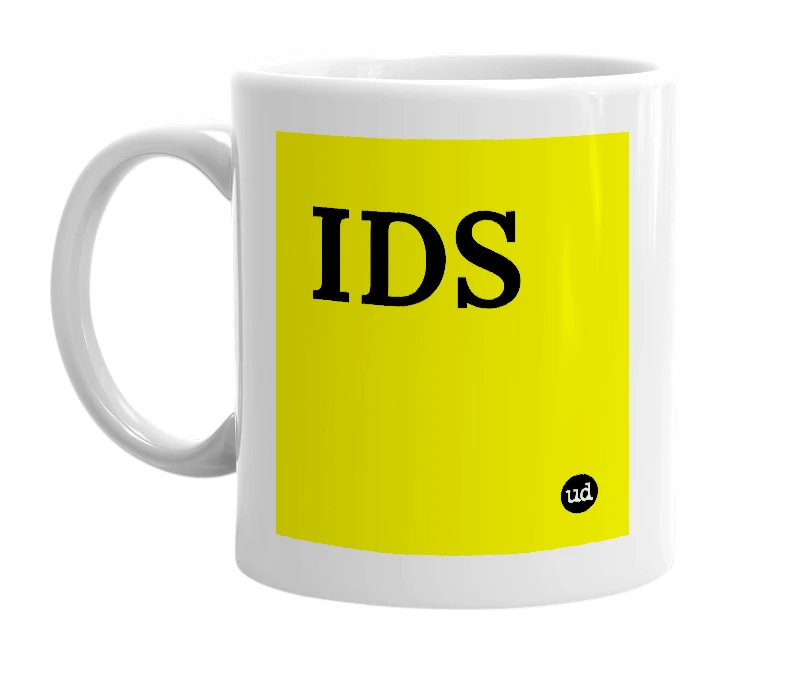 White mug with 'IDS' in bold black letters