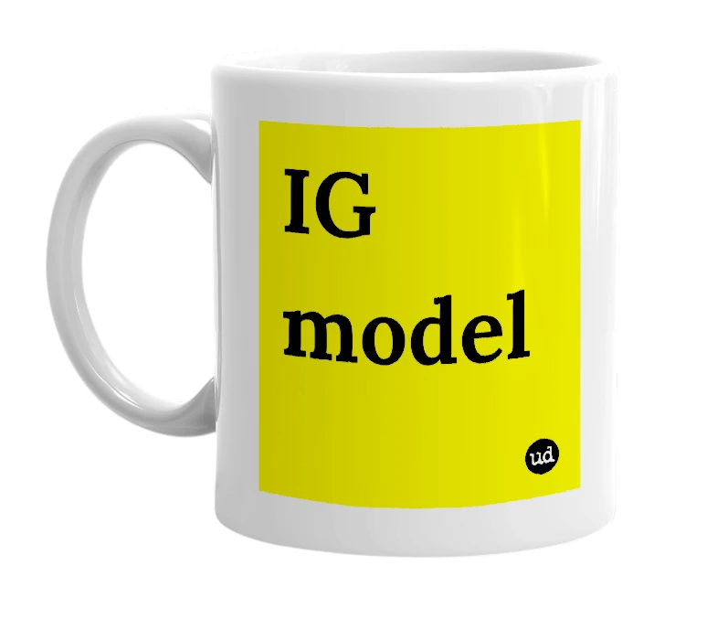 White mug with 'IG model' in bold black letters