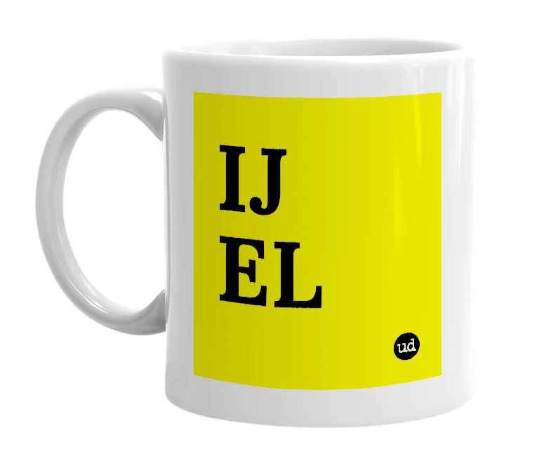 White mug with 'IJ EL' in bold black letters