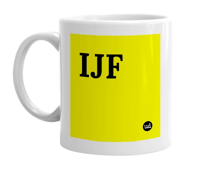 White mug with 'IJF' in bold black letters