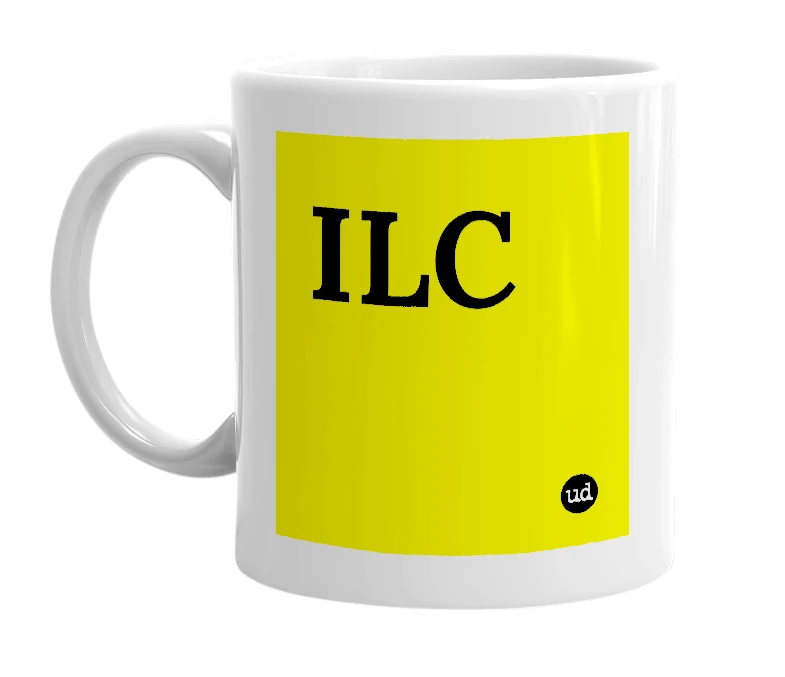 White mug with 'ILC' in bold black letters