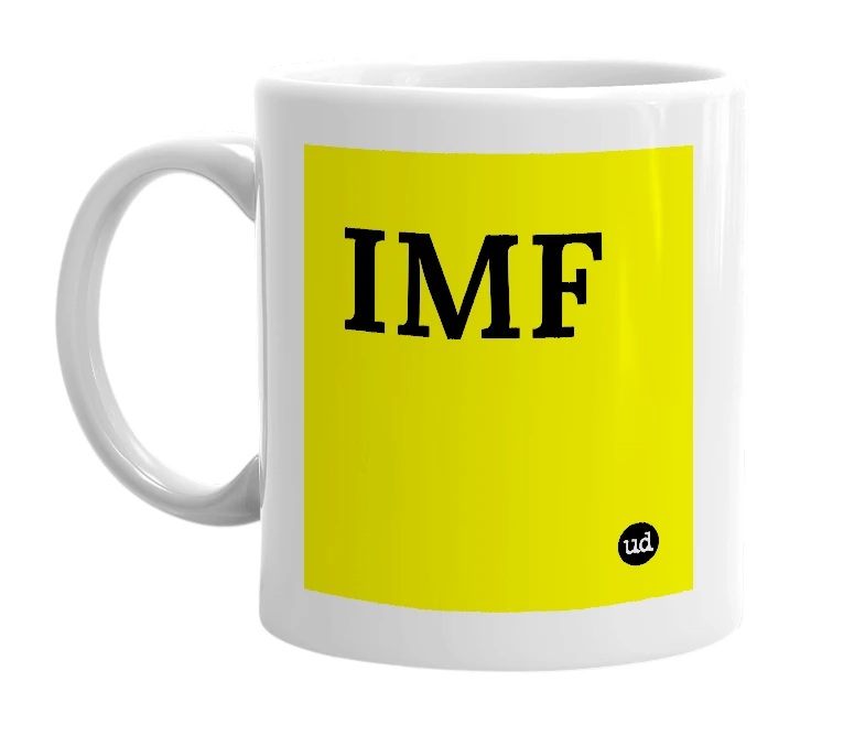 White mug with 'IMF' in bold black letters