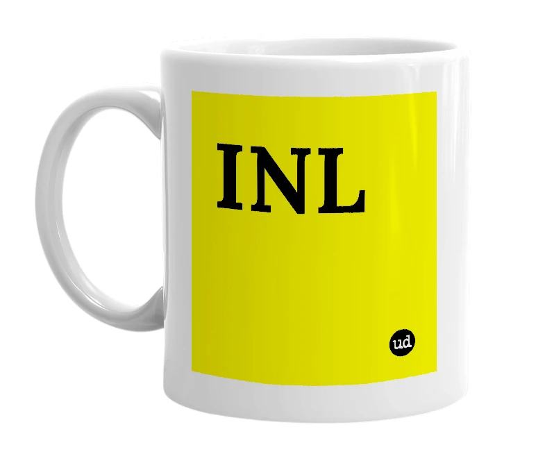 White mug with 'INL' in bold black letters