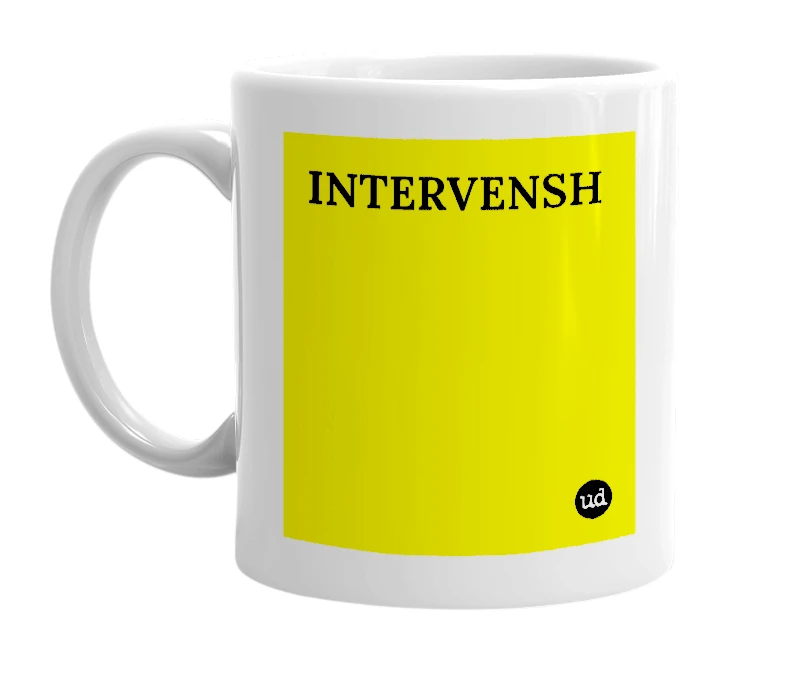 White mug with 'INTERVENSH' in bold black letters