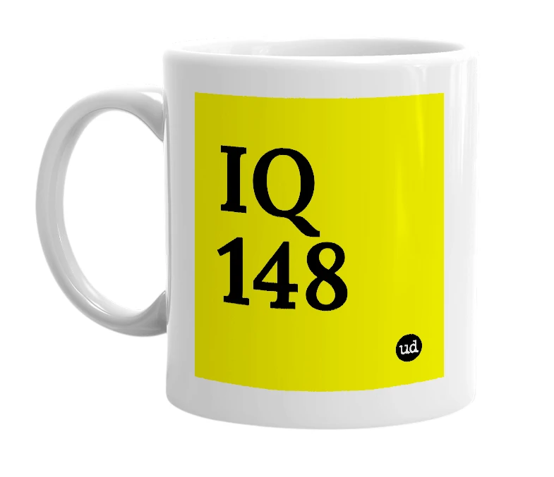 White mug with 'IQ 148' in bold black letters