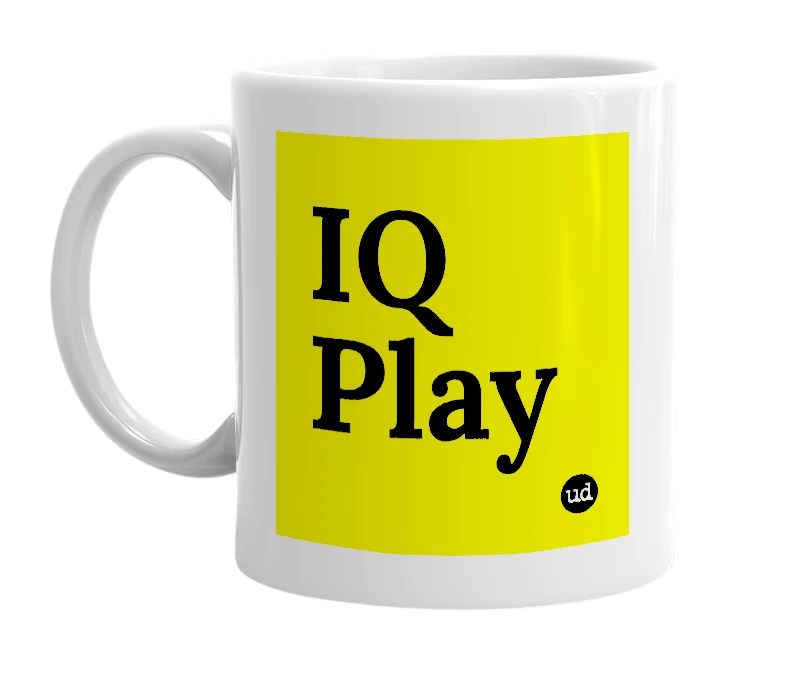 White mug with 'IQ Play' in bold black letters