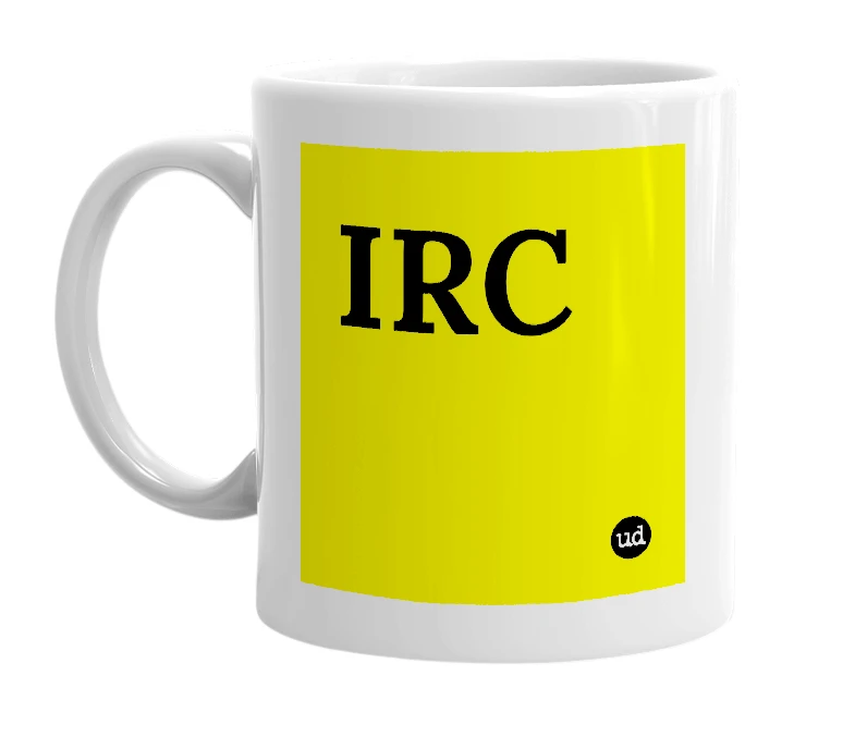 White mug with 'IRC' in bold black letters