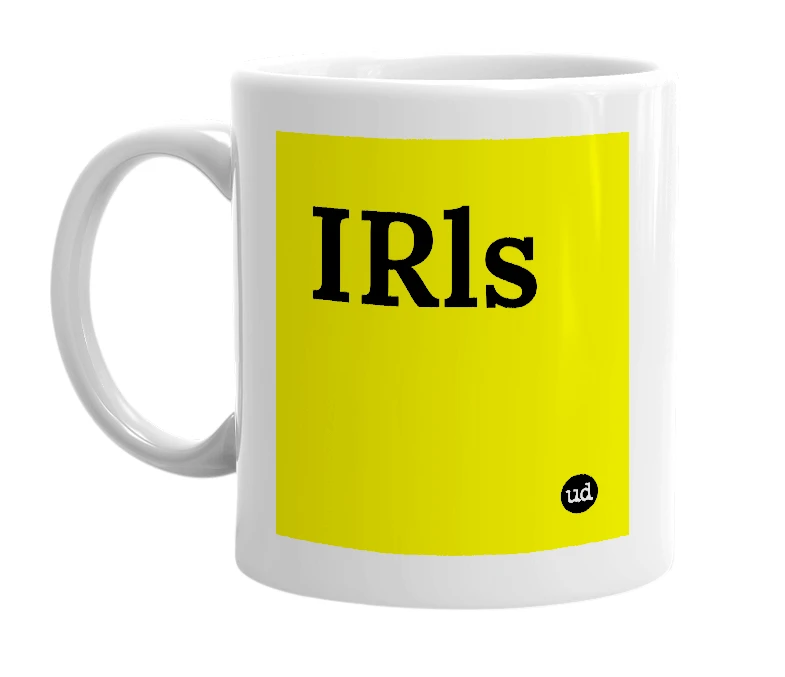 White mug with 'IRls' in bold black letters