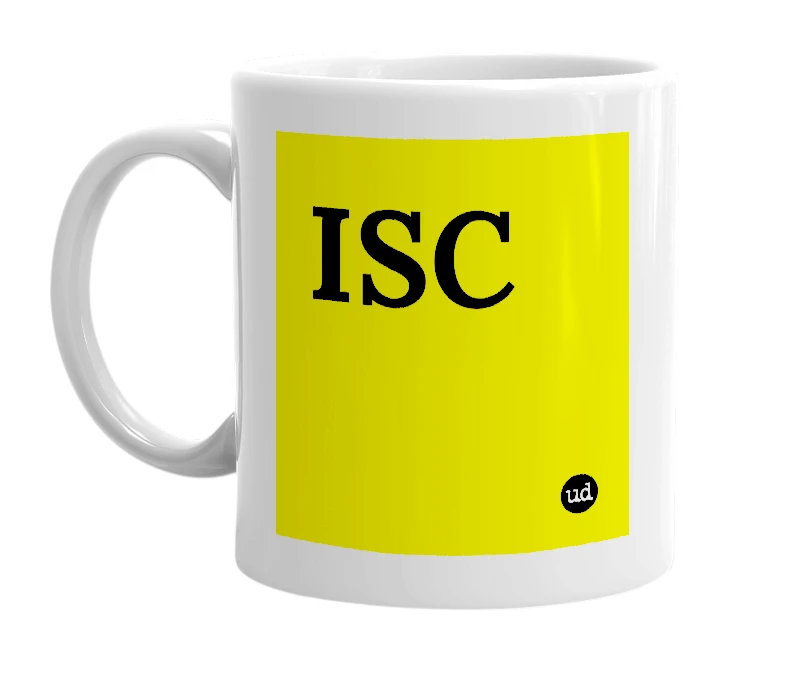White mug with 'ISC' in bold black letters