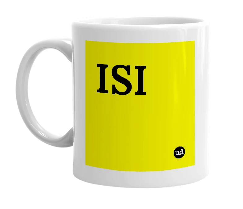 White mug with 'ISI' in bold black letters