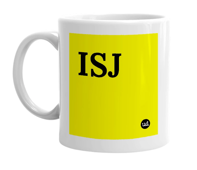 White mug with 'ISJ' in bold black letters