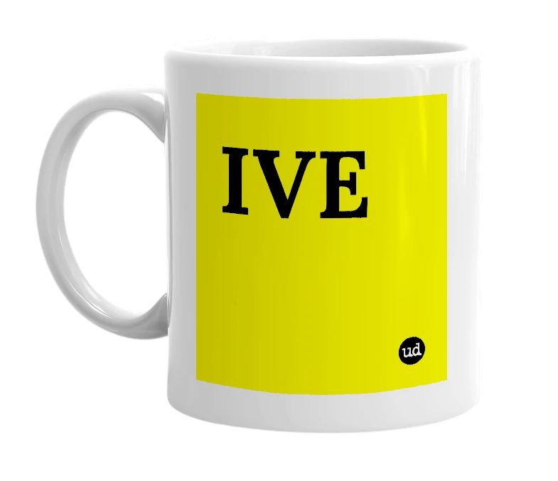White mug with 'IVE' in bold black letters