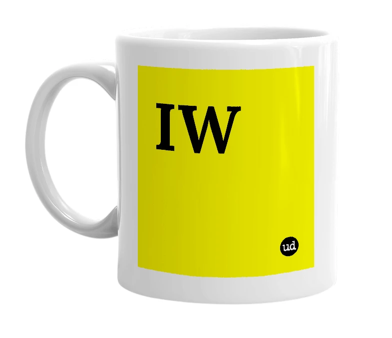 White mug with 'IW' in bold black letters