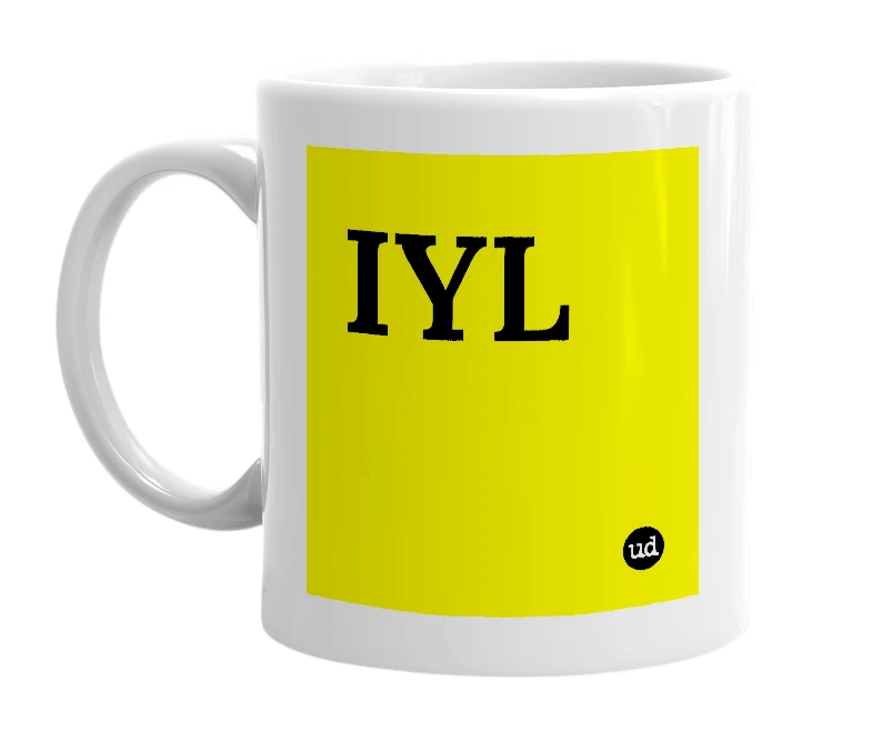 White mug with 'IYL' in bold black letters