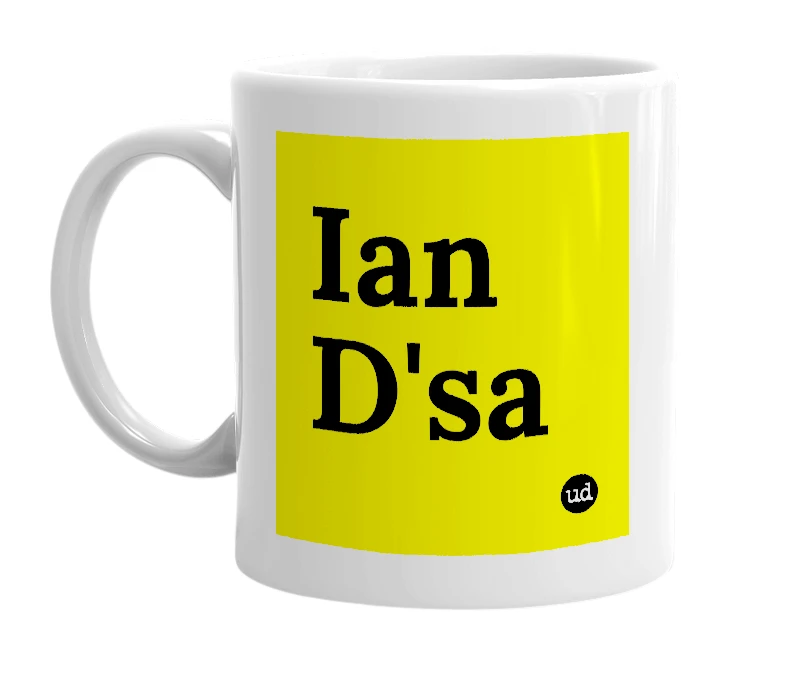 White mug with 'Ian D'sa' in bold black letters