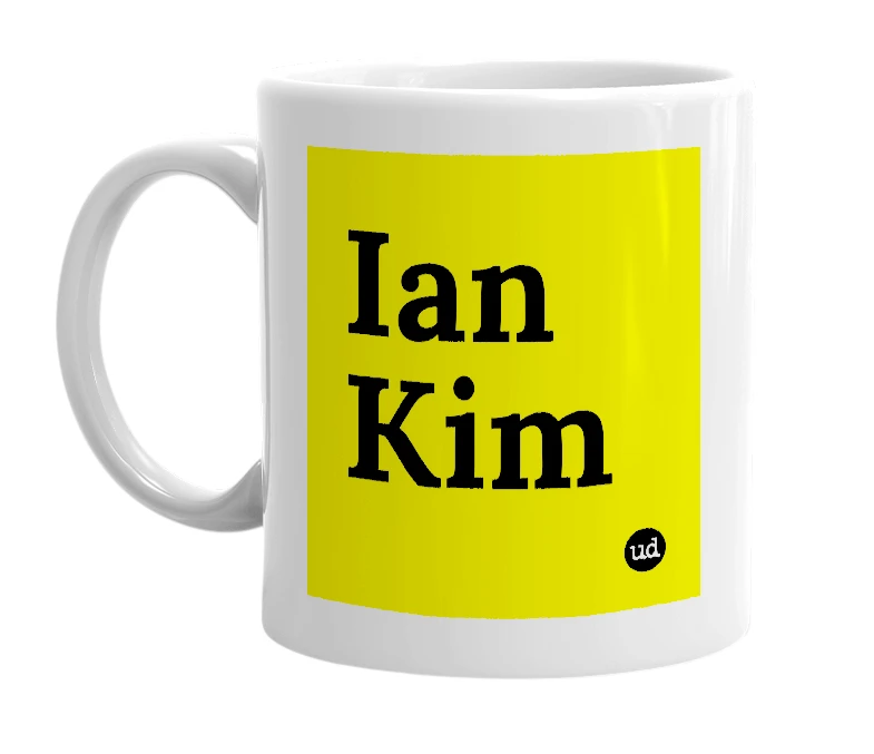 White mug with 'Ian Kim' in bold black letters