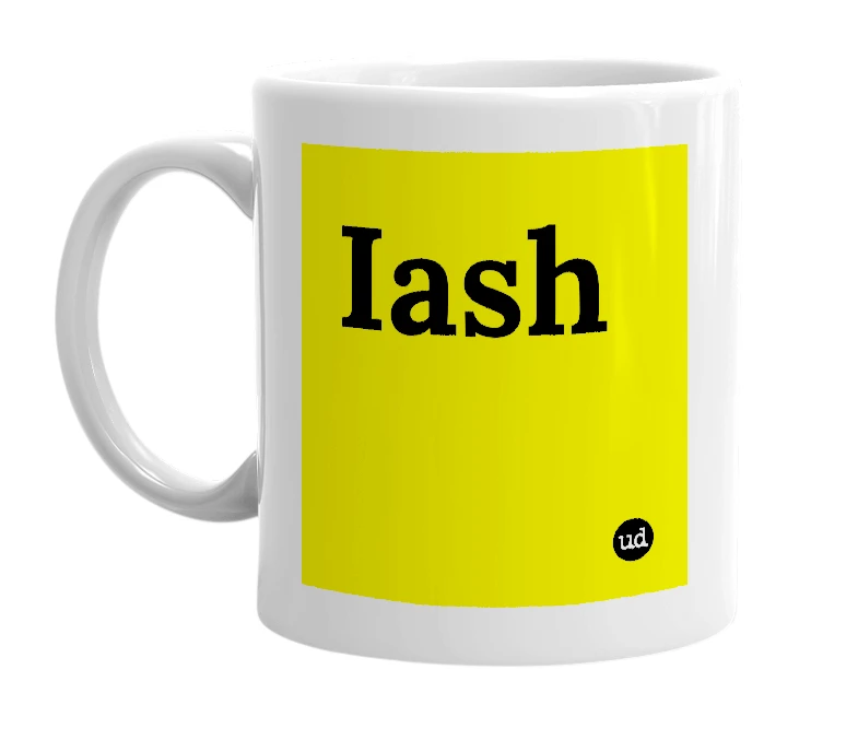 White mug with 'Iash' in bold black letters