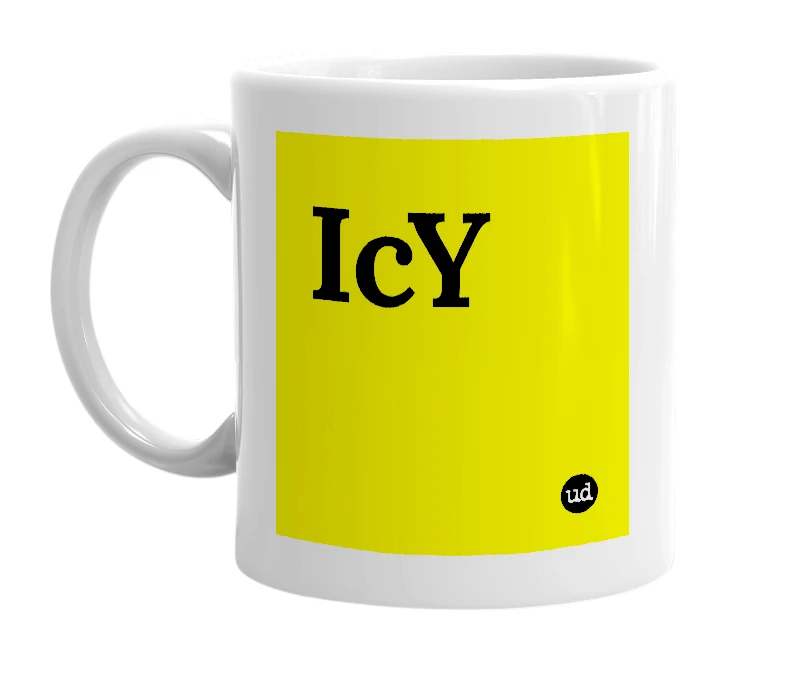 White mug with 'IcY' in bold black letters