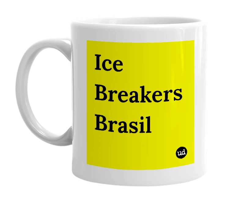 White mug with 'Ice Breakers Brasil' in bold black letters