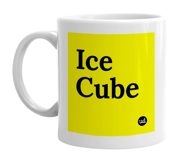 White mug with 'Ice Cube' in bold black letters