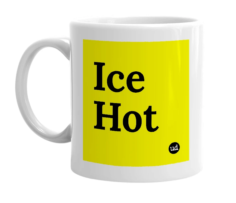 White mug with 'Ice Hot' in bold black letters