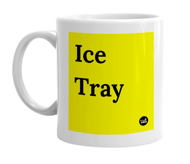 White mug with 'Ice Tray' in bold black letters