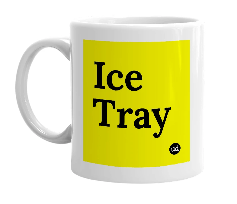 White mug with 'Ice Tray' in bold black letters