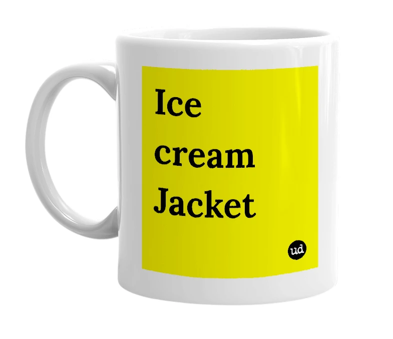 White mug with 'Ice cream Jacket' in bold black letters