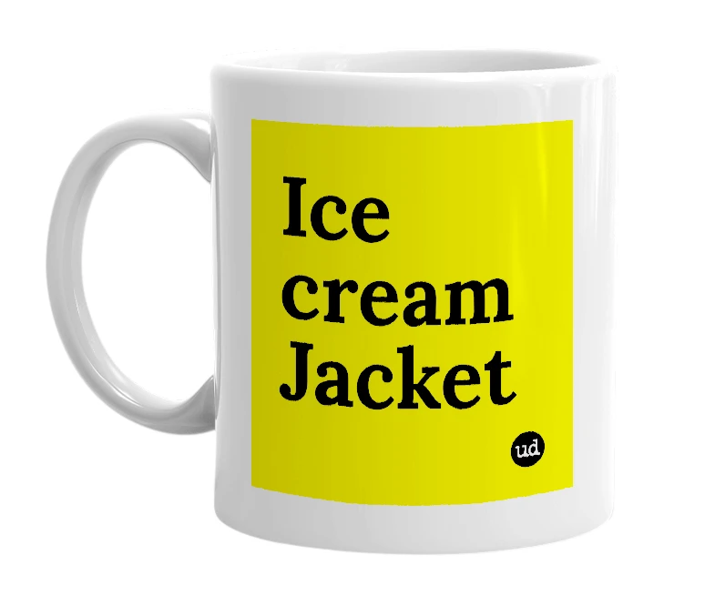 White mug with 'Ice cream Jacket' in bold black letters