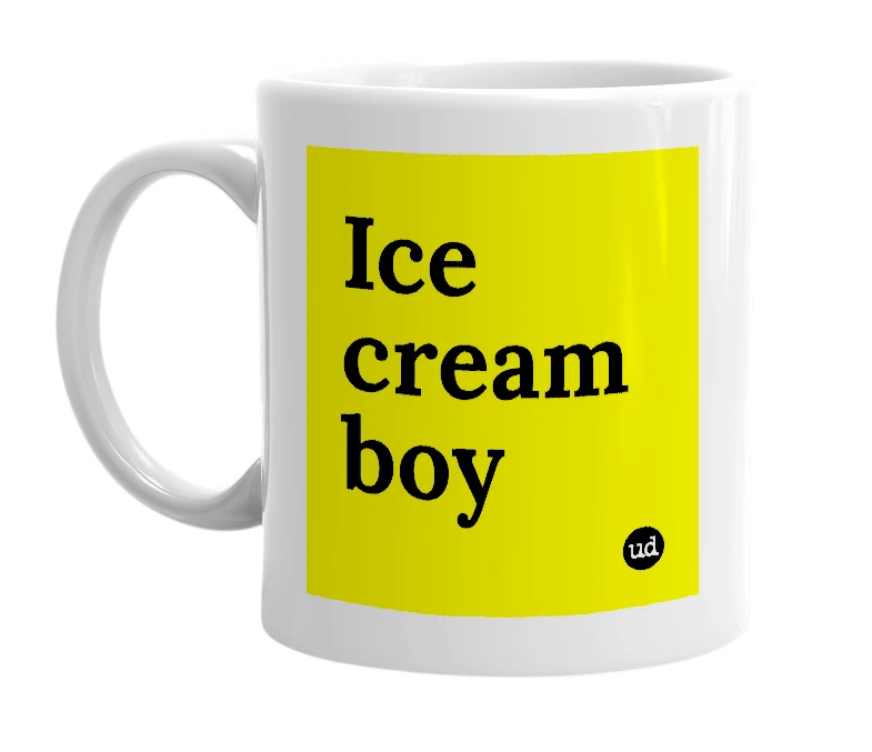 White mug with 'Ice cream boy' in bold black letters