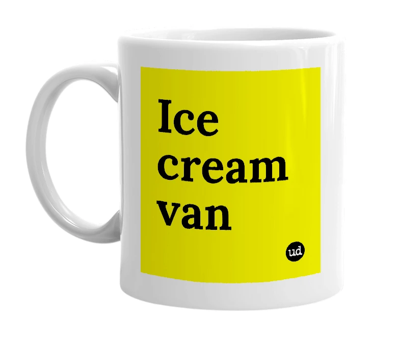 White mug with 'Ice cream van' in bold black letters