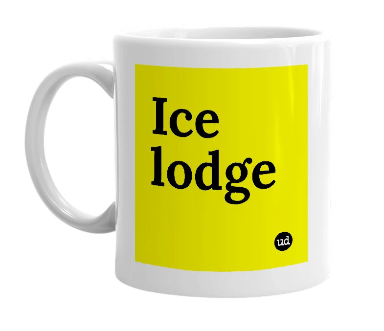 White mug with 'Ice lodge' in bold black letters