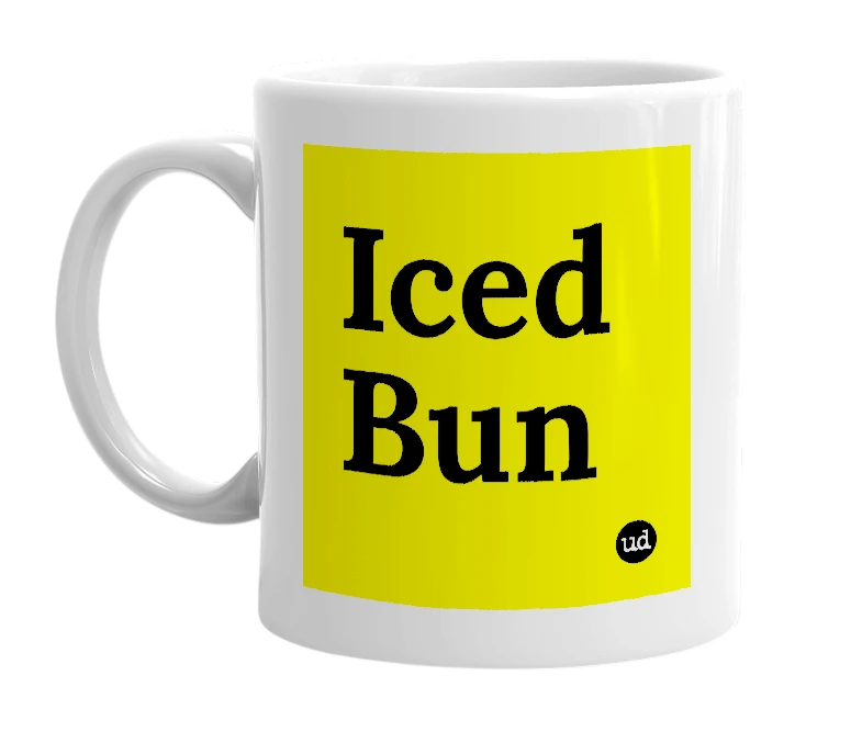 White mug with 'Iced Bun' in bold black letters