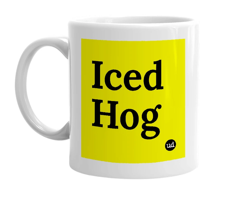 White mug with 'Iced Hog' in bold black letters