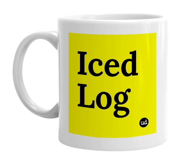 White mug with 'Iced Log' in bold black letters