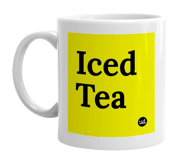 White mug with 'Iced Tea' in bold black letters