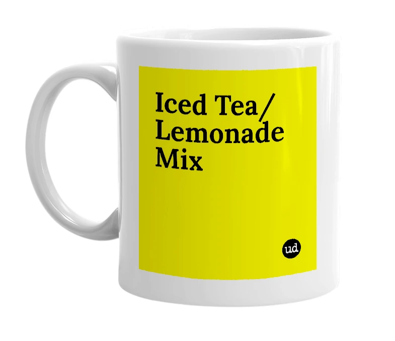 White mug with 'Iced Tea/Lemonade Mix' in bold black letters