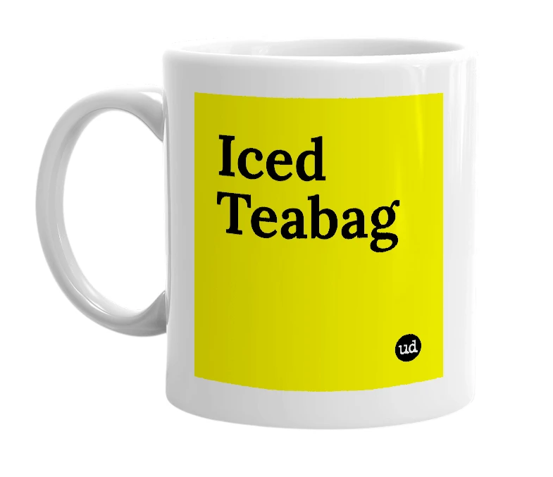 White mug with 'Iced Teabag' in bold black letters