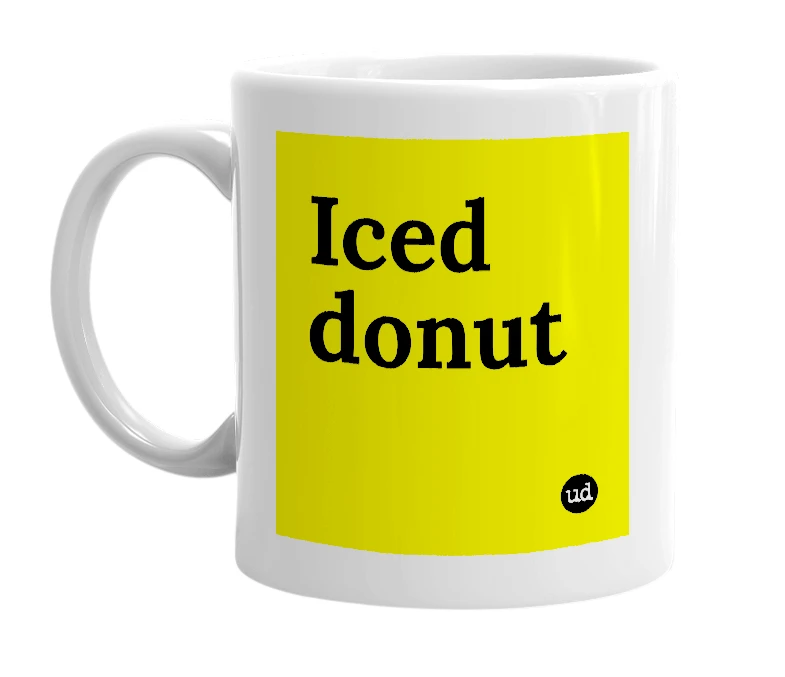 White mug with 'Iced donut' in bold black letters