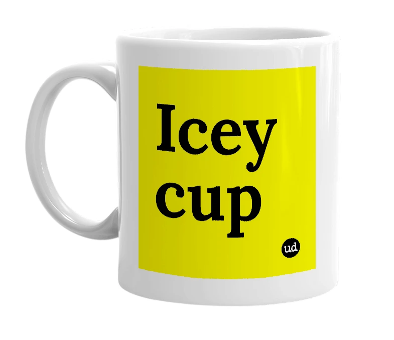 White mug with 'Icey cup' in bold black letters