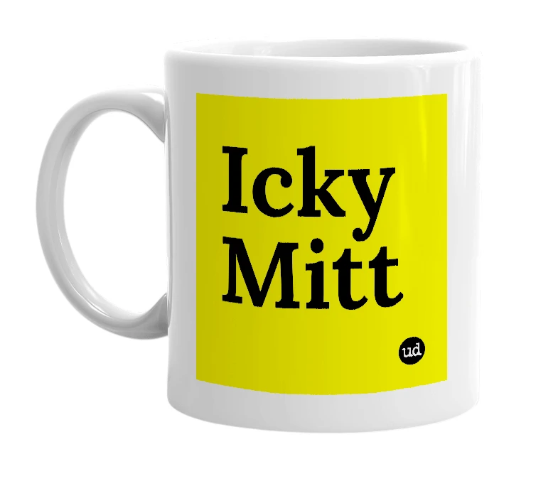 White mug with 'Icky Mitt' in bold black letters
