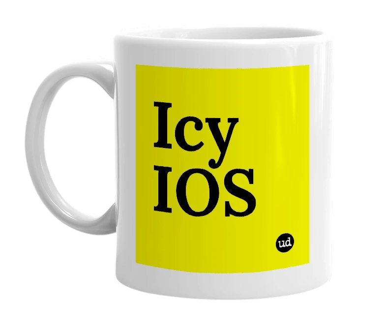 White mug with 'Icy IOS' in bold black letters