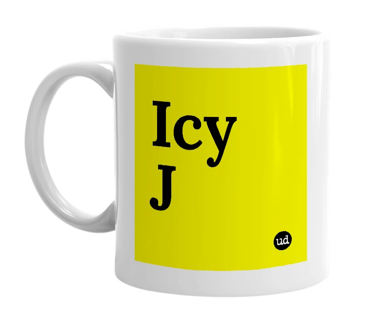 White mug with 'Icy J' in bold black letters