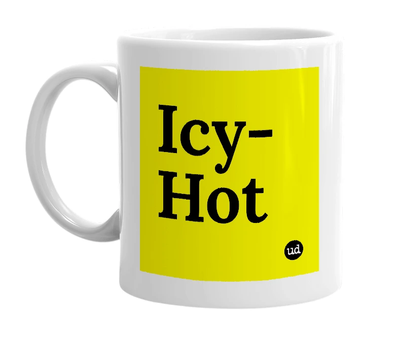 White mug with 'Icy-Hot' in bold black letters