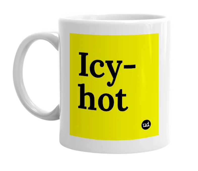 White mug with 'Icy-hot' in bold black letters